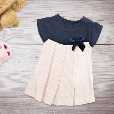 Summer dress with bow for girls | white-pink striped/dark blue