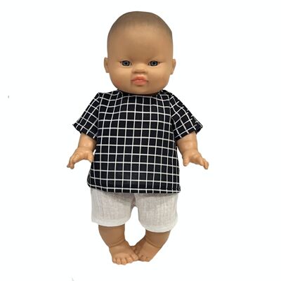 Outfit for boy doll: checkered tunic and white shorts