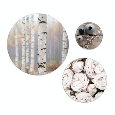 Set of 3 wall circles / round wall pictures / picture set / nature and flowers