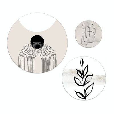 Set of 3 wall circles / round wall pictures / picture set / abstract art / beige black white