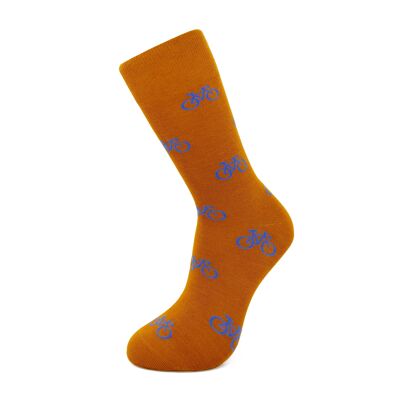 Calcetines marrón camel con bicicletas azules