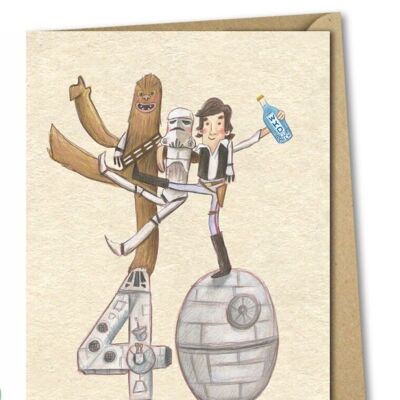 Tarjeta de 40 cumpleaños - Chewbacca, Stormtrooper y Han Solo