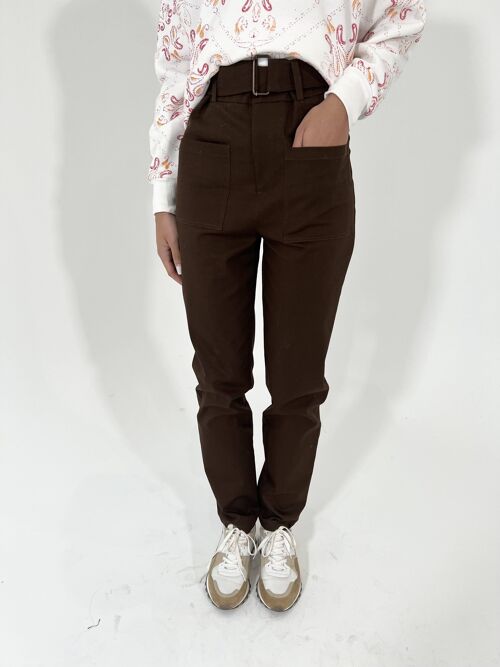 PACHI - Pantalon taille haute MARRON