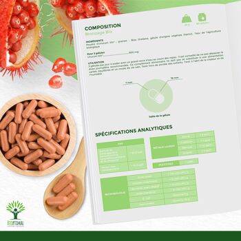 Bronzage Bio - Autobronzant - Complément alimentaire - 100% Poudre Urucum Bio - Fabriqué en France - Certifié Ecocert - Vegan - Gélules 6