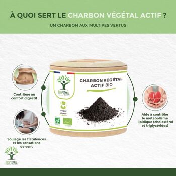 Charbon végétal actif Bio - Complément alimentaire - Digestion Gaz Ventre plat - 150 mg de Poudre Active Pure par Gélule - Fabriqué en France - gélules 3