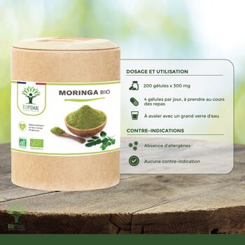 Moringa Bio - Complément alimentaire - Poudre de Moringa Oleifera en gélules - Glycémie - Dose 300 mg - Fabriqué en France - Certifié Ecocert - Vegan  - gélules 7