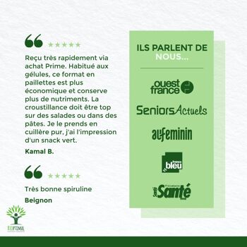 Spiruline Bio - Protéines Phycocyanine Fer - 100% Spiruline Pure en Paillettes - Superaliment - Conditionné en France - Certifié Ecocert - Vegan - Pure en paillettes 9