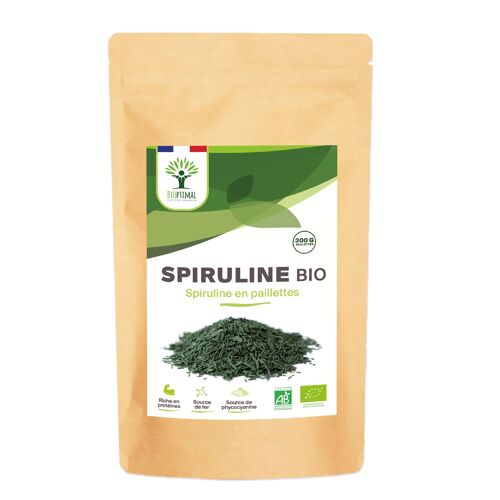 Spiruline Bio - Protéines Phycocyanine Fer - 100% Spiruline Pure en Paillettes - Superaliment - Conditionné en France - Certifié Ecocert - Vegan - Pure en paillettes