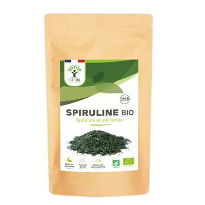 Espirulina Orgánica - Proteínas de Hierro Ficocianina - Espirulina 100% Pura en Escamas - Superalimento - Envasado en Francia - Certificado Ecocert - Vegano - Pura en escamas
