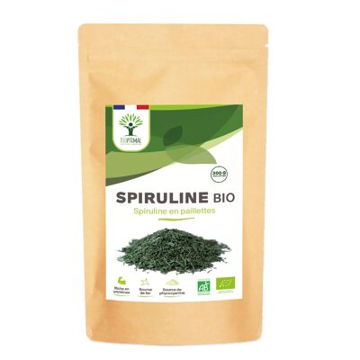 Espirulina Orgánica - Proteínas de Hierro Ficocianina - Espirulina 100% Pura en Escamas - Superalimento - Envasado en Francia - Certificado Ecocert - Vegano - Pura en escamas