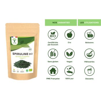 Spiruline Bio - Protéines Phycocyanine Fer - 100% Spiruline Pure en Paillettes - Superaliment - Conditionné en France - Certifié Ecocert - Vegan - Pure en paillettes 8