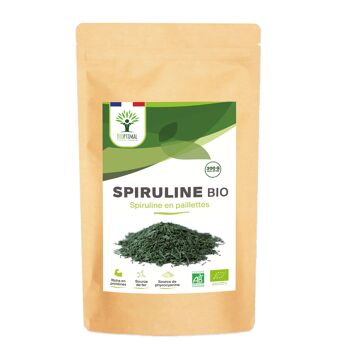 Spiruline Bio - Protéines Phycocyanine Fer - 100% Spiruline Pure en Paillettes - Superaliment - Conditionné en France - Certifié Ecocert - Vegan - Pure en paillettes 10