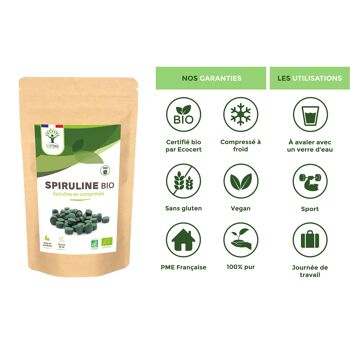Spiruline Bio - Complément alimentaire - Protéines Phycocyanine Fer - 500 mg/comprimé vegan - Conditionné en France - Certifié Ecocert - Sans additifs - en comprimés 10