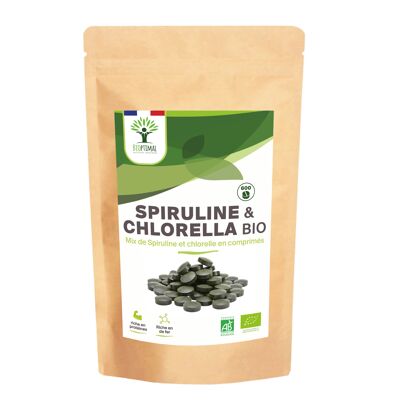Organic Spirulina & Chlorella - Food Supplement - Iron Proteins - Energy Immunity - Tablets - Packaged in France - Ecocert Certified - Vegan - in tablets