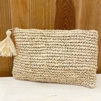 Natural raffia pouch L