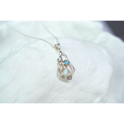 Teardrop Rainbow Moonstone and Blue Opal Pendant with Gold Details