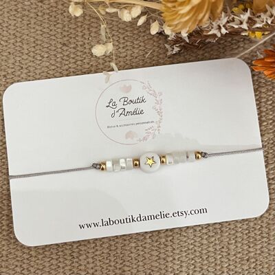 Bracelet cordon polyester gris perles nacres et perle étoile