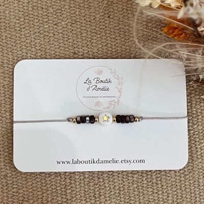 Bracelet cordon polyester gris perles nacres et perle étoile