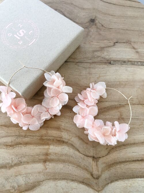 Créoles Boucles d'oreille en Or gold filed et Fleurs Séchées Naturelles Hortensia Rose