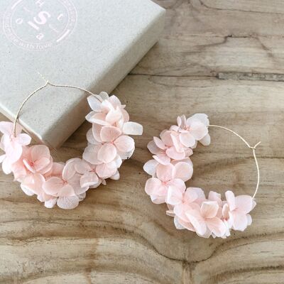 Créoles Boucles d'oreille en Or gold filed et Fleurs Séchées Naturelles Hortensia Rose