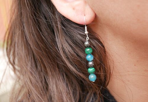 Boucles d'oreilles pendantes "Triple Protection" Malachite, Hématite et Apatite