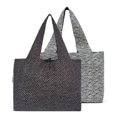 Reversible shopping bag in indigo cotton Dots & Waves L