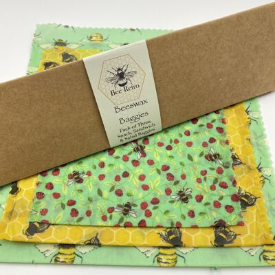 Paquete de tres bolsitas con diseño de abeja, paquete de tres tamaños diferentes, en caja