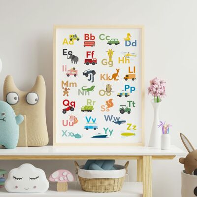 Stampa dell'alfabeto per bambini, trasporti e animali
