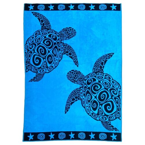 Serviette de plage éponge velours Jacquard Turquoise Turtles 140x180 400g/m²