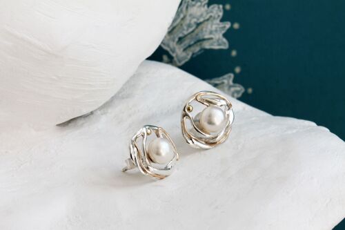 Undulating Silver Freshwater Pearl Studs with Gold detailing.