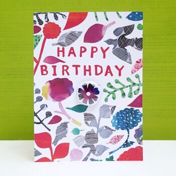 Carte de voeux avec badge - Happy Birthday Floral Collage 1