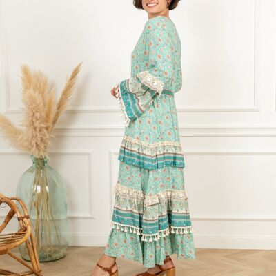Floral lace dress with flared sleeves and pompom with ruffle