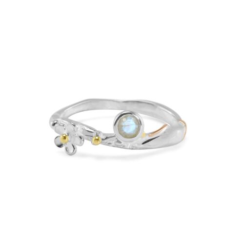 Flower silver ring with Faceted Rainbow Moonstone and Gold Filled