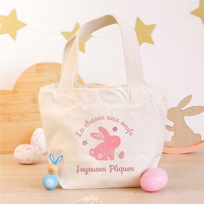 Small organic cotton shopping bag "Happy Easter" - Floral Rabbit PINK
