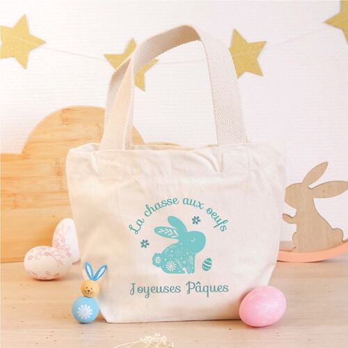 Petit cabas en coton bio "Joyeuses Pâques" - Lapin Floral BLEU