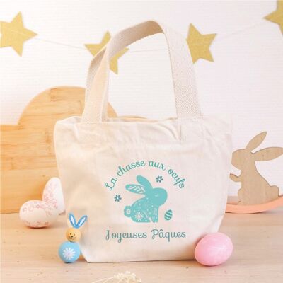 Kleine Einkaufstasche aus Bio-Baumwolle "Frohe Ostern" - Blumenkaninchen BLAU