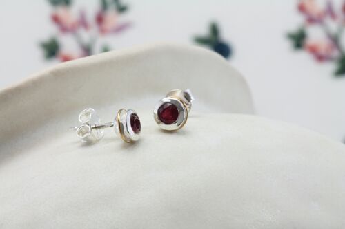Hand Made Sterling Silver Ruby Stud Earrings with delicate 14 carat gold detail.