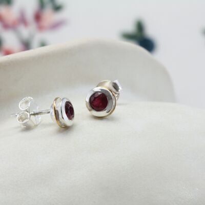 Hand Made Sterling Silver Ruby Stud Earrings with delicate 14 carat gold detail.