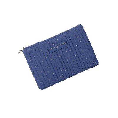 Blue quilted clutch bag with gold polka dots