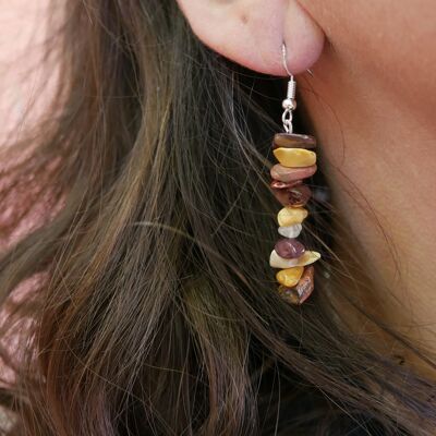 Dangling earrings in Jasper Mokaïte or Mookaite chips shape