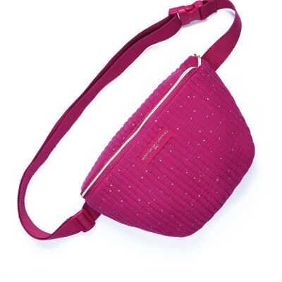 Plum quilted banana bag with golden polka dots