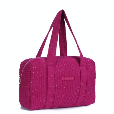 Plum quilted week eng bag with golden polka dots