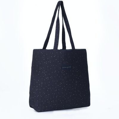 Green quilted tote bag with gold polka dots