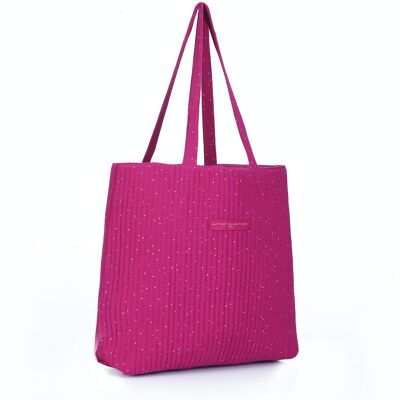 Plum quilted tote bag with golden polka dots