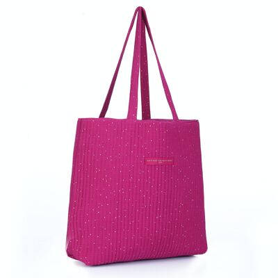 Plum quilted tote bag with golden polka dots