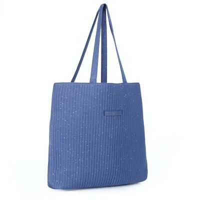 Blue quilted tote bag with gold polka dots