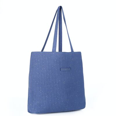 Blue quilted tote bag with gold polka dots
