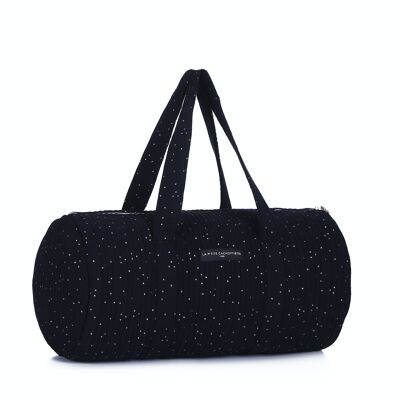 Black quilted duffel with gold polka dots