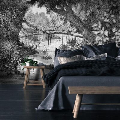 Engraving Panoramic Wallpaper - Jungle - Black