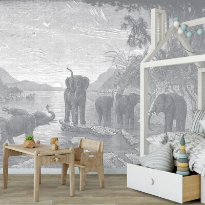 Panoramic Engraving Wallpaper - The Elephants - Dove Gray